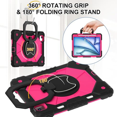 Case for iPad Air 11 Inch 6th Gen 2024 (النموذج: A2902/A2903/A2904): مع غطاء مقاوم للصدمات الهجين المحمول مع حامل القلم مع حلقة قابلة للتدوير 360 درجة ، كيكستاند ، حزام كتف. (أسود+أسود) in Saudi Arabia