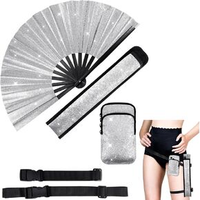 3 Pcs Glitter Rave Fan Accessories for Women Includes Rave Fan Cell Phone Bag Fan Holder with Arm/Leg Band Belt for Music Raves and Circuit Parties(Black)