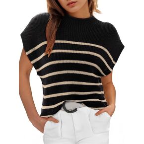 Dokotoo Women's Sweater Cap Sleeve Mock Neck Basic Loose Fit Ribbed Knit Pullover Striped Sweaters 2024 Summer Y2k Outfits