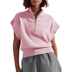 Langwyqu Womens Short Sleeve Cropped Knit Tops Half Zip Cap Sleeve Lightweight Oversized Sweater Vest
