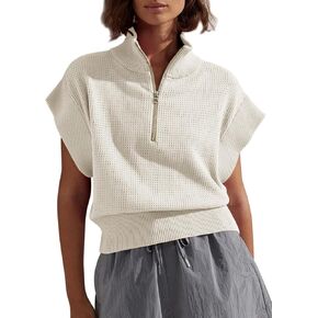 Langwyqu Womens Short Sleeve Cropped Knit Tops Half Zip Cap Sleeve Lightweight Oversized Sweater Vest
