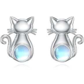Cat Earrings 925 Sterling Silver Moonstone Cat Stud Earrings Jewelry for Women Girls Gifts