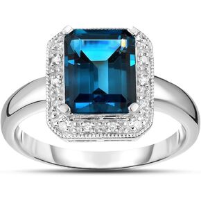 14K White Gold Genuine London Blue Topaz Emerald Cut Diamond Ring