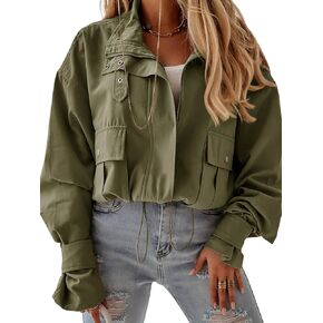 Tankaneo Women's Casual Jackets Long Sleeve Zip Up Cropped Coats Loose Outerwear with Pockets