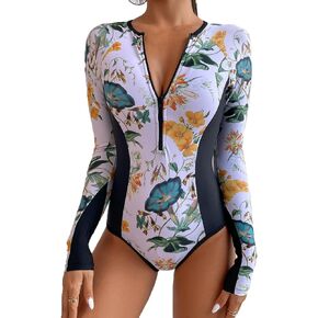Women's One Piece Swimsuit Long Sleeve Rash Guard Zipper UPF 50 Surfing Bathing Suit