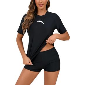 Halcurt Women's Built in Bra Rash Guard UPF 50 Two Piece Swimsuit Shirt and Board Shorts
