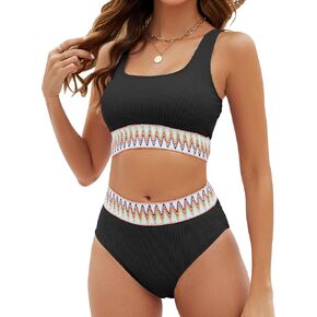 مجموعة بيكيني HyMeYou عالية الخصر للنساء ملابس سباحة مضلعة مكونة من قطعتين بألوان متعددة وتغطية كاملة لبدلة استحمام للمراهقين in Kuwait