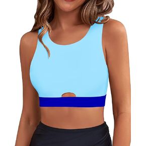 GRAPENT Bikini Tops for Women Cut Out Cropped Tankini Tops Beach High Neck Color Block Padded Swimwear Swim Tops Only