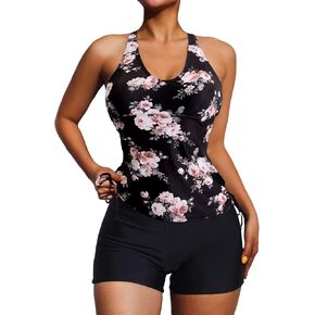 SOLY HUX Women's Floral Print Tankini Bathing Suits Swim Tank Top with Boy Shorts Two Piece Swimsuit