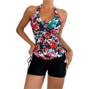 SOLY HUX Women's Floral Print Tankini Bathing Suits Swim Tank Top with Boy Shorts Two Piece Swimsuit
