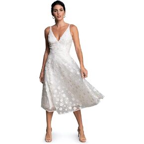 Dress the Population Women's Elisa Sleeveless Plunge Neckline Fit and Flare Midi Dress