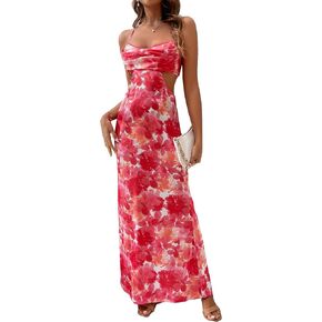 Milumia Women's Floral Cut Out Backless Dress Ruched Sleeveless Long Cocktail Party Dresses
