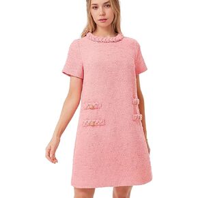 Womens Tweed Jackie Dress Elegant Crew Neck Short Sleeve Button Bodycon Mini Dress