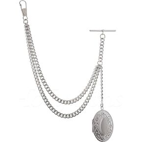 Handmade in The UK Silver Colour Albert Pocket Watch Chain with Oval Locket Pendant