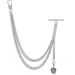 Handmade in The UK Silver Colour Albert Pocket Watch Chain with Crown Pendant