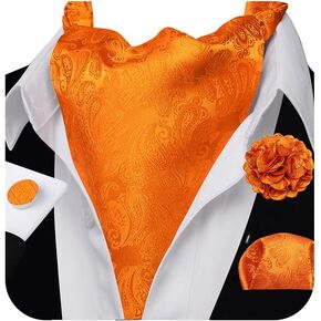 Cravat Tie and Lapel Pin Set Mens Solid Color Paisley Ascot Silk Handkerchief Cufflinks Wedding