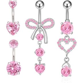 4Pcs 14G Belly Button Ring for Women Hypoallergenic 316L Surgical Stainless Steel Belly Rings Dangle Pink/White CZ Belly Button Piercing Jewelry Navel Ring
