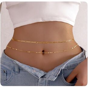 قطعتان من سلاسل الخصر المطلية بالذهب عيار 18 قيراط للنساء سلسلة بطن فيجارو لؤلؤية قابلة للتعديل للخصر سلسلة ذهبية CZ متعرجة للخصر سلسلة صيفية للشاطئ بيكيني مثير مجوهرات للجسم للنساء (25-43 بوصة)