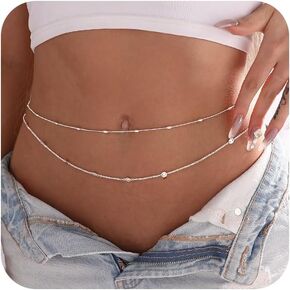 Dainty Silver/14K Gold Plated Body Chains for Women，Layered Pearl Satellite Beads Waist Chain Adjustable Sexy Bikini Belly Chain Summer Fashion Jewelry For Women