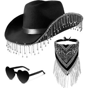 3 Pcs Rhinestone Cowgirl Hat with Fringe Rhinestone Bandana and Heart Sunglasses Bling Diamond Fringe Cowboy Hat
