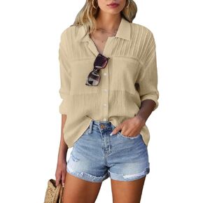 Merryfun Women's Button Down Cotton Linen Shirts Casual Pleated Long/Roll Up Sleeve Blouses Textured Loose Collared Work Tops