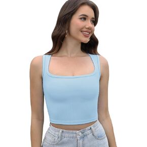 تاباتا قميص نسائي برقبة مربعة بدون أكمام للتمرين، قمصان مضلعة للنساء، قميص عصري in Kuwait