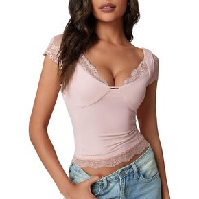 Imily Bela Womens Lace Tank Top Sexy Deep V-Neck Backless Tops Cap Sleeve Slim Fit Cami Shirts