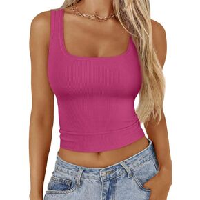 Trendy Queen Womens Square Neck Ribbed Tank Tops Sleeveless Crop Tops Summer Clothes