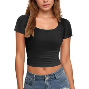 2024 Women's Summer Crop Tops Short Sleeve Crew Neck Slim Casual Y2K Ribbed Fitted Basic Tees Tight Going Out T Shirts