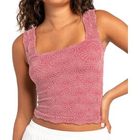 Women's Square Neck Wide Strap Crop Tank Tops Flower Going Out Tops Slim Fit Lettuce Trim Crop Cami Tops