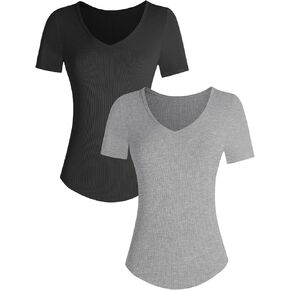 Summer V Neck T Shirts for Women Going Out Tops Casual Short Sleeve Ribbed Trendy Tops 2 Pack