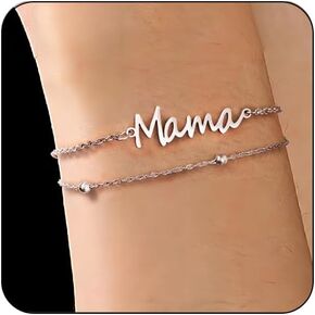 Mama Bracelets for Women 14K Gold Plated Dainty Mom bracelets Layered bead Link Mommy Pendant Bracelet 316L Stainless Steel Mom Bracelet Mother's Day for New Mom Boyfriends Mom Women Mama Gifts