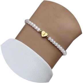Dainty Letter Initial Bracelet For Women Bead Faux Pearl Bracelet, Fashion Women link Bracelet Strand Wristband Jewelry gift