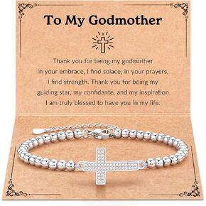 Adjustable Metal Bead Bracelet with Zircon Cross Charm and Blessing Card - Perfect Godmother Gift, Includes Christmas, Mother's Day & Birthday Options from Godchild