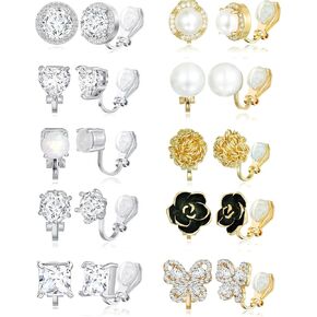 Tornito 10-15 Pairs Clip on Stud Earrings Non Pierced Teardrop Round Square CZ Pearl Twist Knot Flower Butterfly Heart Star Rainbow Cat Opal Clip on Earrings for Women Silver Gold Tone