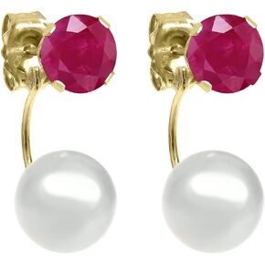 Gem Stone King 14K Yellow Gold Jacket Earrings with 5MM Red Ruby and 6MM Cultured Freshwater Pearl for Women | 1.12 Cttw