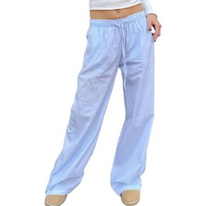 Muineobuka Women Y2k Striped Pants Wide Leg Stripes Print Lounge Pants High Waist Drawstring Striped Pajama Pants Trousers