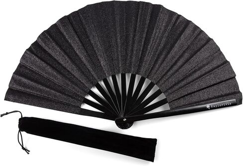 Rave Fan | Lightweight & Water Resistant foldable fan | 13in festival fan | Durable Clack Fan w/Velvet Drawstring rave fans Storage bag | Black Glitter Women's Foldable Hand Fan in Saudi Arabia