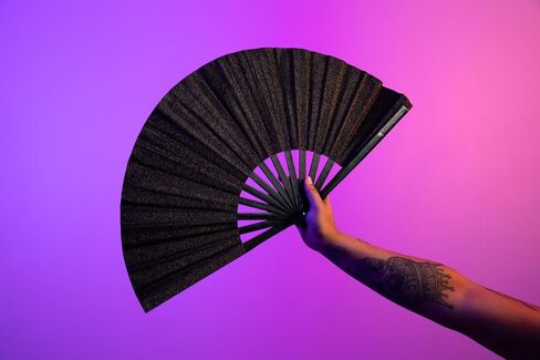 Rave Fan | Lightweight & Water Resistant foldable fan | 13in festival fan | Durable Clack Fan w/Velvet Drawstring rave fans Storage bag | Black Glitter Women's Foldable Hand Fan in Saudi Arabia
