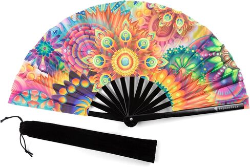 Rave Fan | Lightweight & Water Resistant foldable fan | 13in festival fan | Durable Clack Fan w/Velvet Drawstring rave fans Storage bag | Black Glitter Women's Foldable Hand Fan in Saudi Arabia
