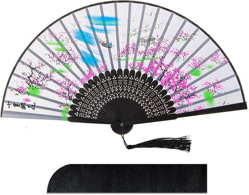 مروحة يد من الخيزران الحريري قابلة للطي للرجال/النساء، مروحة يدوية صينية/يابانية للهدايا، والرقص، والمهرجانات، والنوادي، والحدث، والحفلات، والديكور (الفراشات الوردية في الزهور-4) in Kuwait
