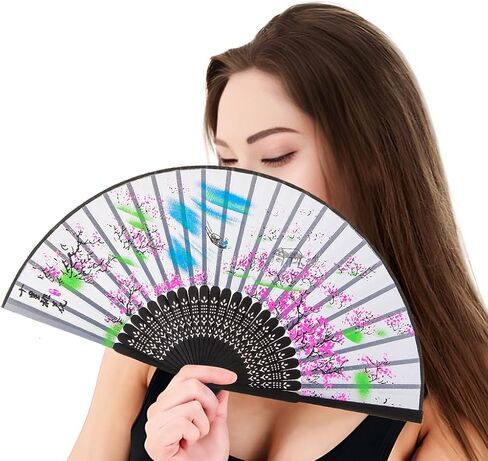 مروحة يد من الخيزران الحريري قابلة للطي للرجال/النساء، مروحة يدوية صينية/يابانية للهدايا، والرقص، والمهرجانات، والنوادي، والحدث، والحفلات، والديكور (الفراشات الوردية في الزهور-4) in Kuwait