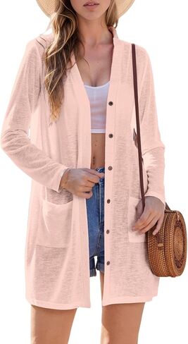 Uvog Women's Open Front Lightweight Cardigan Long Sleeve Button Down Loose Cover Ups in Kuwait