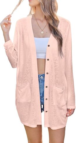 Uvog Women's Open Front Lightweight Cardigan Long Sleeve Button Down Loose Cover Ups in Kuwait