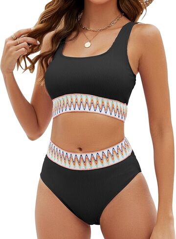 مجموعة بيكيني HyMeYou عالية الخصر للنساء ملابس سباحة مضلعة مكونة من قطعتين بألوان متعددة وتغطية كاملة لبدلة استحمام للمراهقين in Kuwait