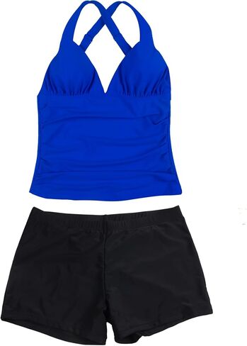 Women Two Piece Swimsuits Tankini Set with V Neck Pleated Top Boyshort Bottom in Saudi Arabia