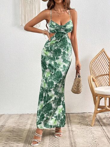 Milumia Women's Floral Cut Out Backless Dress Ruched Sleeveless Long Cocktail Party Dresses in Saudi Arabia