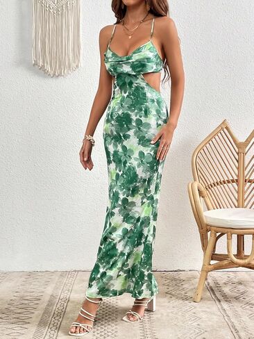 Milumia Women's Floral Cut Out Backless Dress Ruched Sleeveless Long Cocktail Party Dresses in Saudi Arabia