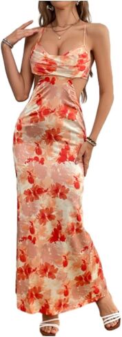 Milumia Women's Floral Cut Out Backless Dress Ruched Sleeveless Long Cocktail Party Dresses in Saudi Arabia