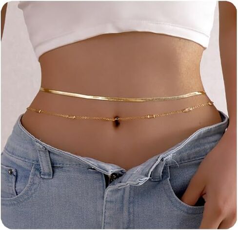 قطعتان من سلاسل الخصر المطلية بالذهب عيار 18 قيراط للنساء سلسلة بطن فيجارو لؤلؤية قابلة للتعديل للخصر سلسلة ذهبية CZ متعرجة للخصر سلسلة صيفية للشاطئ بيكيني مثير مجوهرات للجسم للنساء (25-43 بوصة) in Kuwait